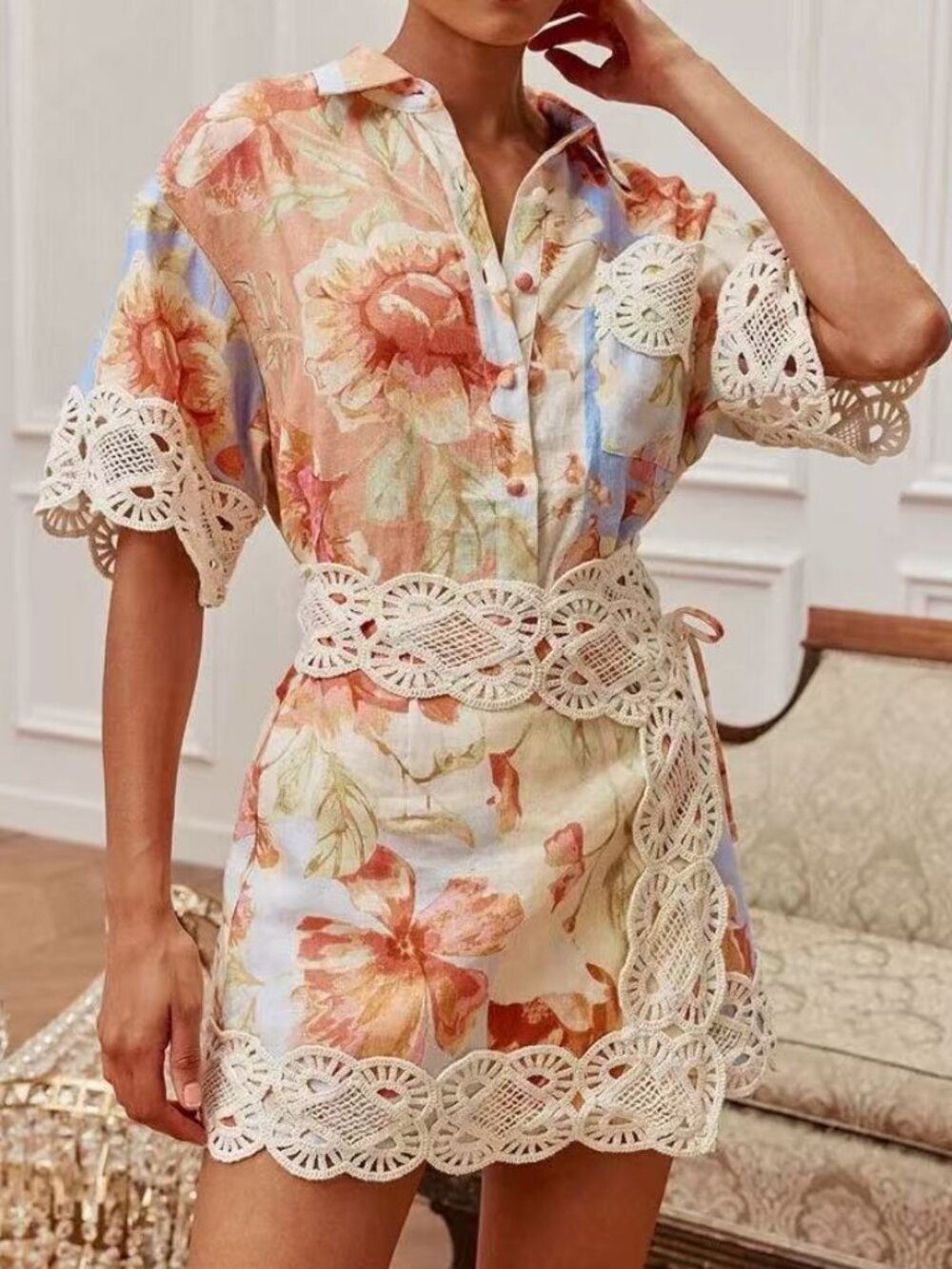 Zimmermann Floral Crochet-Trim Two-Piece Set - Coral & Blue